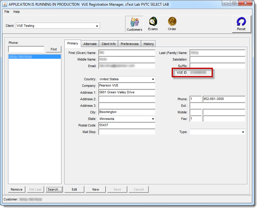 The VUE ID field is found on the Registration Manager Primary tab for the candidate record.